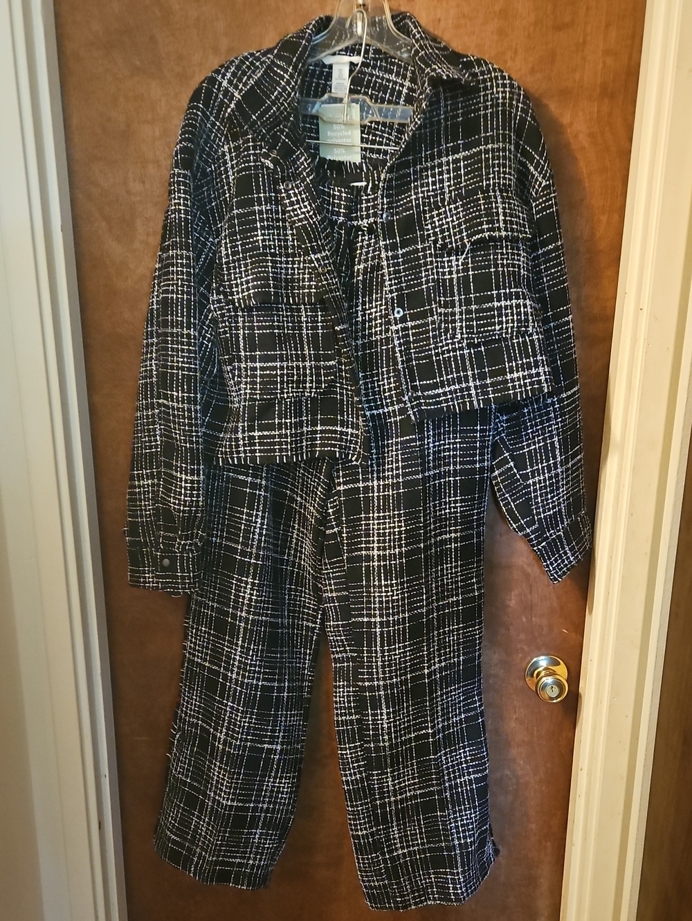 H&M Black and White Plaid Womens Pant Suit With Crop Jacket